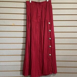 VTG Glen Cove L Women's Broomstick Skirt Red Tiered Maxi Button‎ Accents